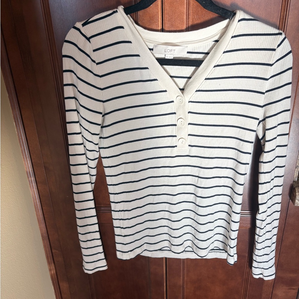 LOFT Cream and Black Striped Ribbed Henley Long Sleeve Top